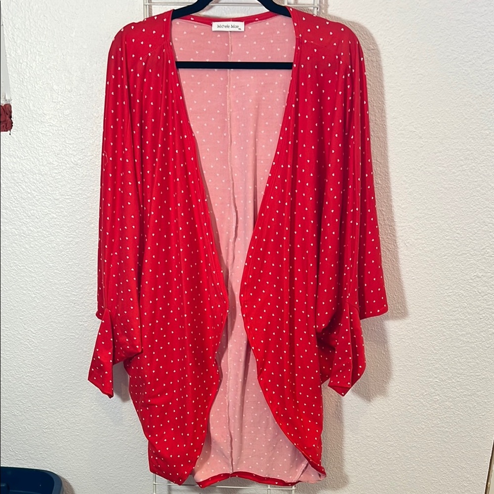 Red Micro Heart Dot Open Dolman Sleeve Cardigan